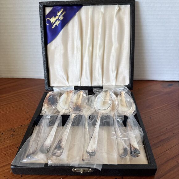 Vintage Sheffield England Silverplate 6 Grapefruit Spoons, 1 Sugar Spoon w/box - Picture 1 of 15